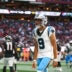 Nov 16, 2025; Atlanta, Georgia, USA; Carolina Panthers quarterback Bryce Young (9) reacts to a touchdown in the fourth quarter against the Atlanta Falcons at Mercedes-Benz Stadium. Mandatory Credit: Brett Davis-Imagn Images