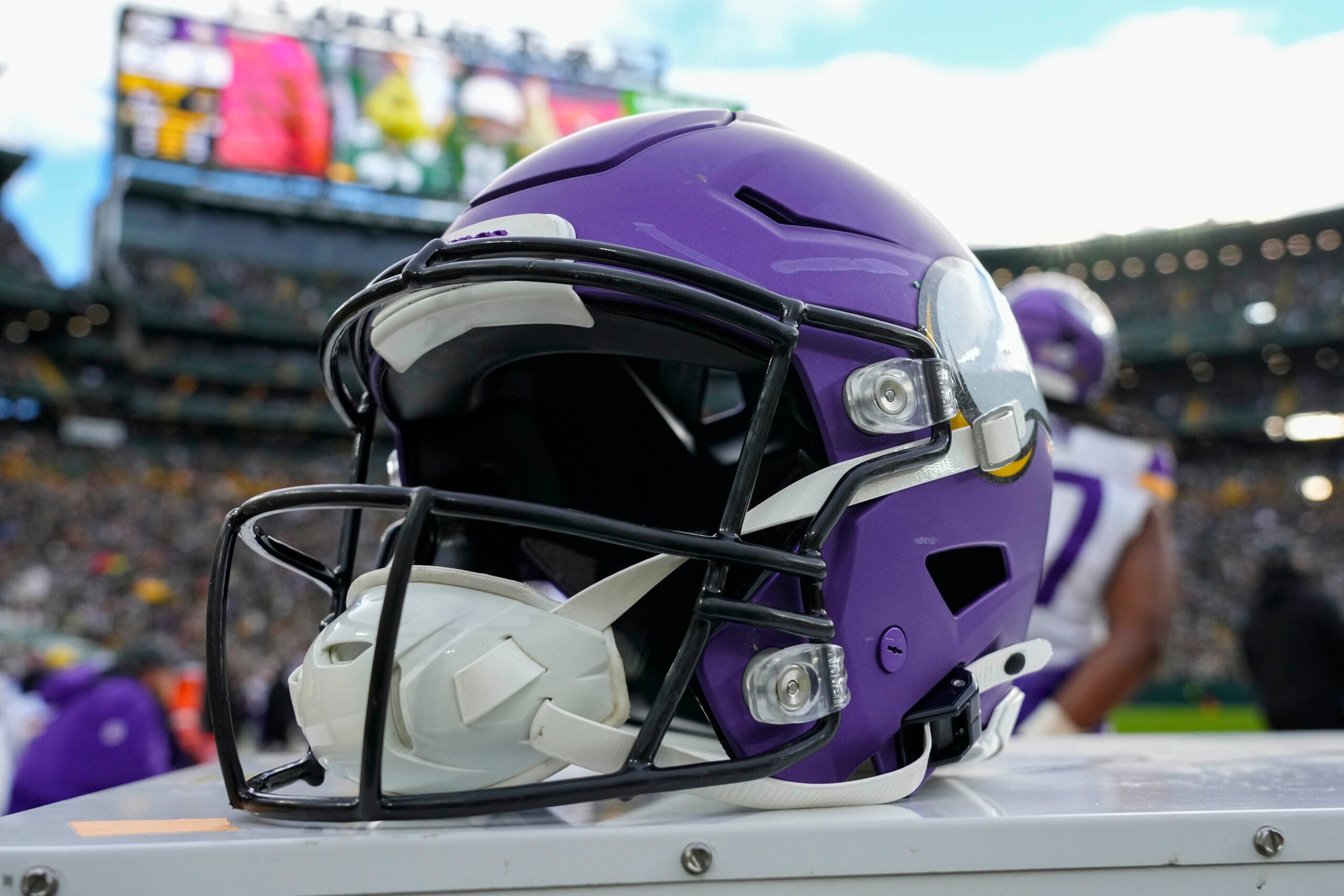 Nov 23, 2025; Green Bay, Wisconsin, USA; General view of an Minnesota Vikings helmet during the game against the Green Bay Packers at Lambeau Field.