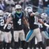 Nov 30, 2025; Charlotte, North Carolina, USA; Carolina Panthers wide receiver Tetairoa McMillan (4) celebrates with Carolina Panthers wide receiver Jalen Coker (18) after a play during the fourth quarter against the Los Angeles Rams at Bank of America Stadium.