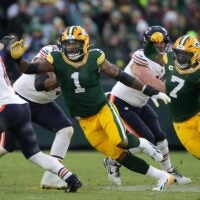 Green Bay Packers defensive end Micah Parsons (1) and linebacker Quay Walker (7) pressure Chicago Bears cornerback Jaylon Johnson (1) on Sunday, December 7, 2025, at Lambeau Field in Green Bay, Wis. The Packers defeated the Bears 28-21.