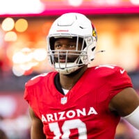 Dec 7, 2025; Glendale, Arizona, USA; Arizona Cardinals linebacker Josh Sweat (10) against the Los Angeles Rams at State Farm Stadium.