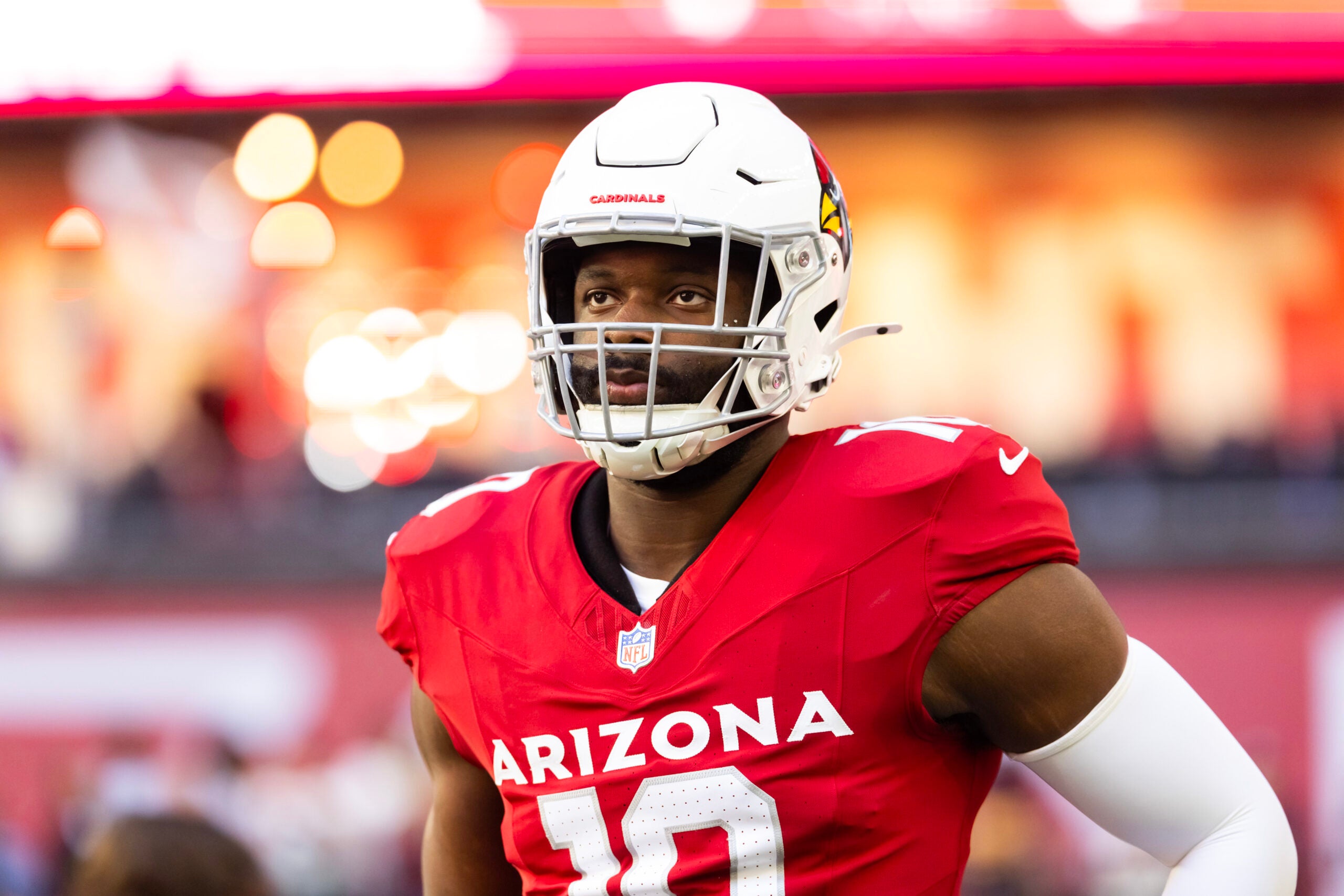 Dec 7, 2025; Glendale, Arizona, USA; Arizona Cardinals linebacker Josh Sweat (10) against the Los Angeles Rams at State Farm Stadium.