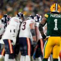 Dec 7, 2025; Green Bay, Wisconsin, USA; Green Bay Packers defensive end Micah Parsons (1) looks on during the game against the Chicago Bears at Lambeau Field.