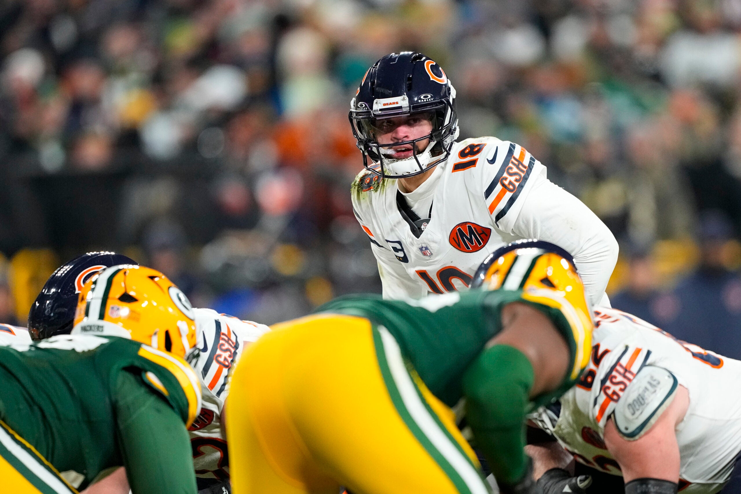 Dec 7, 2025; Green Bay, Wisconsin, USA; Chicago Bears quarterback Caleb Williams (18) during the game against the Green Bay Packers at Lambeau Field.