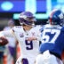 Dec 21, 2025; East Rutherford, New Jersey, USA; Minnesota Vikings quarterback J.J. McCarthy (9) drops back to pass against the New York Giants during the first half at MetLife Stadium.