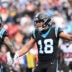 Dec 21, 2025; Charlotte, North Carolina, USA; Carolina Panthers wide receiver Jalen Coker (18) celebrates with wide receiver Tetairoa McMillan (4) after a play during the first half against the Tampa Bay Buccaneers at Bank of America Stadium.