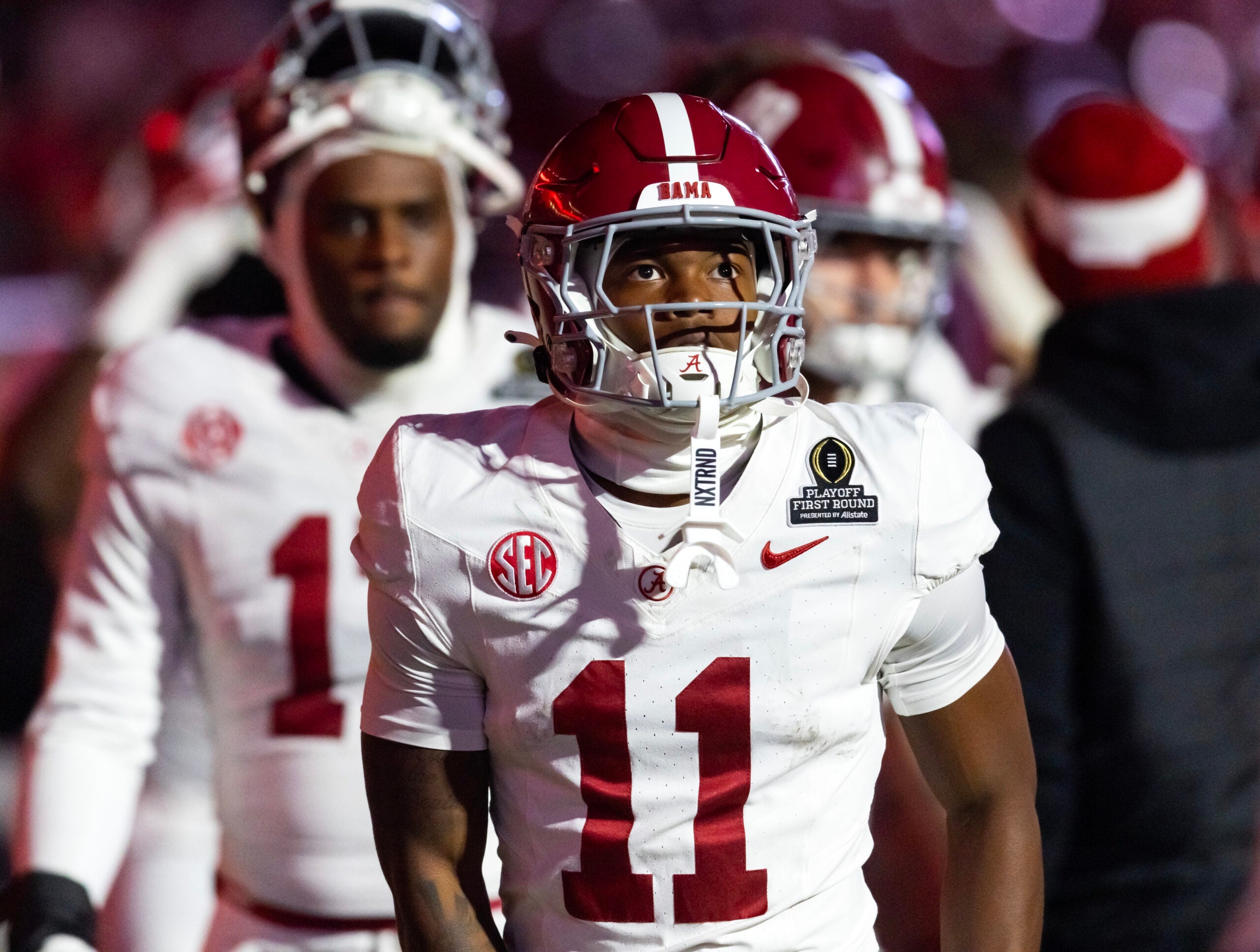 Dec 19, 2025; Norman, OK, USA; Alabama Crimson Tide wide receiver Rico Scott (11) against the Oklahoma Sooners during the CFP National Playoff First Round at Gaylord Family Oklahoma Memorial Stadium.