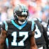Dec 21, 2025; Charlotte, North Carolina, USA; Carolina Panthers wide receiver Xavier Legette (17) runs on to the field before the game at Bank of America Stadium.