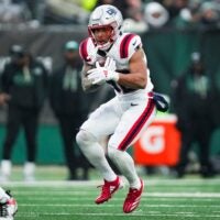 New England Patriots running back Treveyon Henderson (32) runs the ball during a game against the New York Jets at MetLife Stadium, Dec 28, 2025, East Rutherford, NJ, USA.
