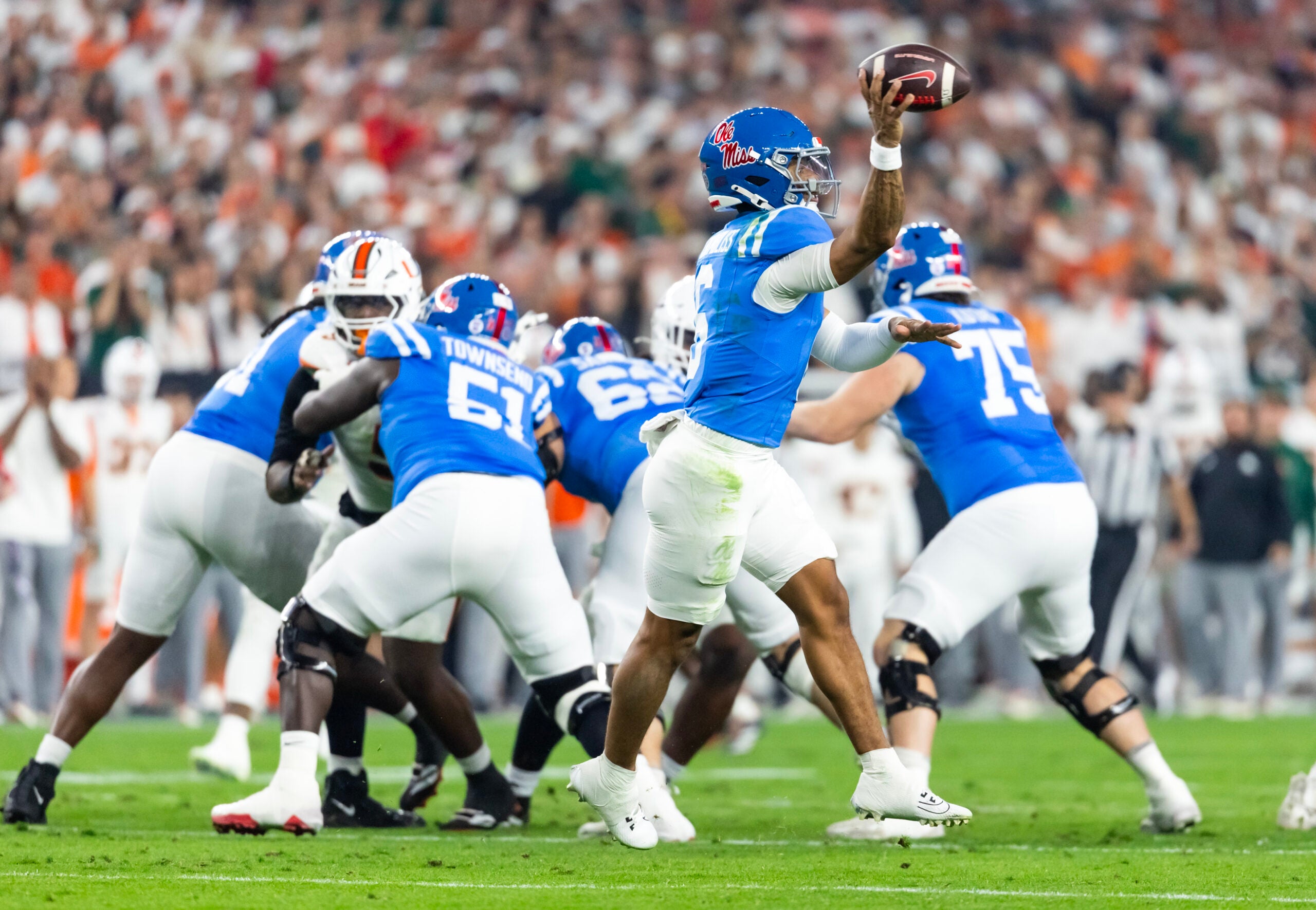 Jan 8, 2026; Glendale, AZ, USA; Detailed view of the jersey of Mississippi Rebels quarterback Trinidad Chambliss (6) against the Miami Hurricanes during the 2026 Fiesta Bowl and semifinal game of the College Football Playoff at State Farm Stadium.