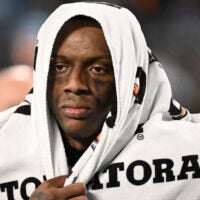 Jan 10, 2026; Charlotte, NC, USA; Carolina Panthers cornerback Jaycee Horn (8) reacts after the NFC Wild Card Round game at Bank of America Stadium.
