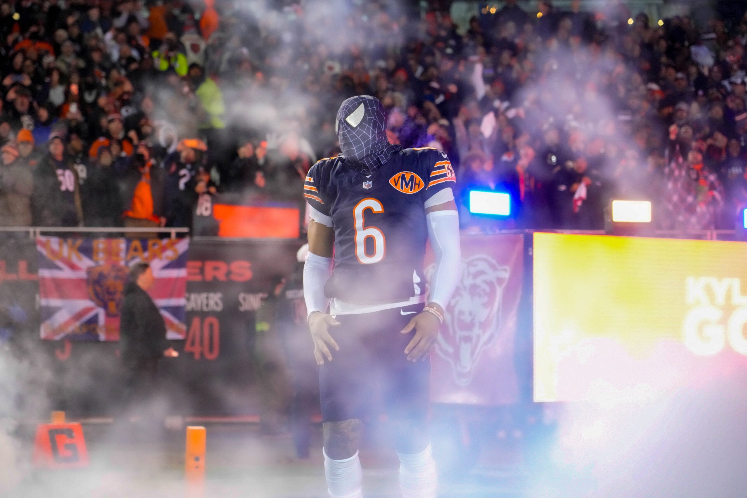 Jan 10, 2026; Chicago, IL, USA; Chicago Bears cornerback Kyler Gordon (6) takes the field prior to an NFC Wild Card Round game against the Green Bay Packers at Soldier Field.