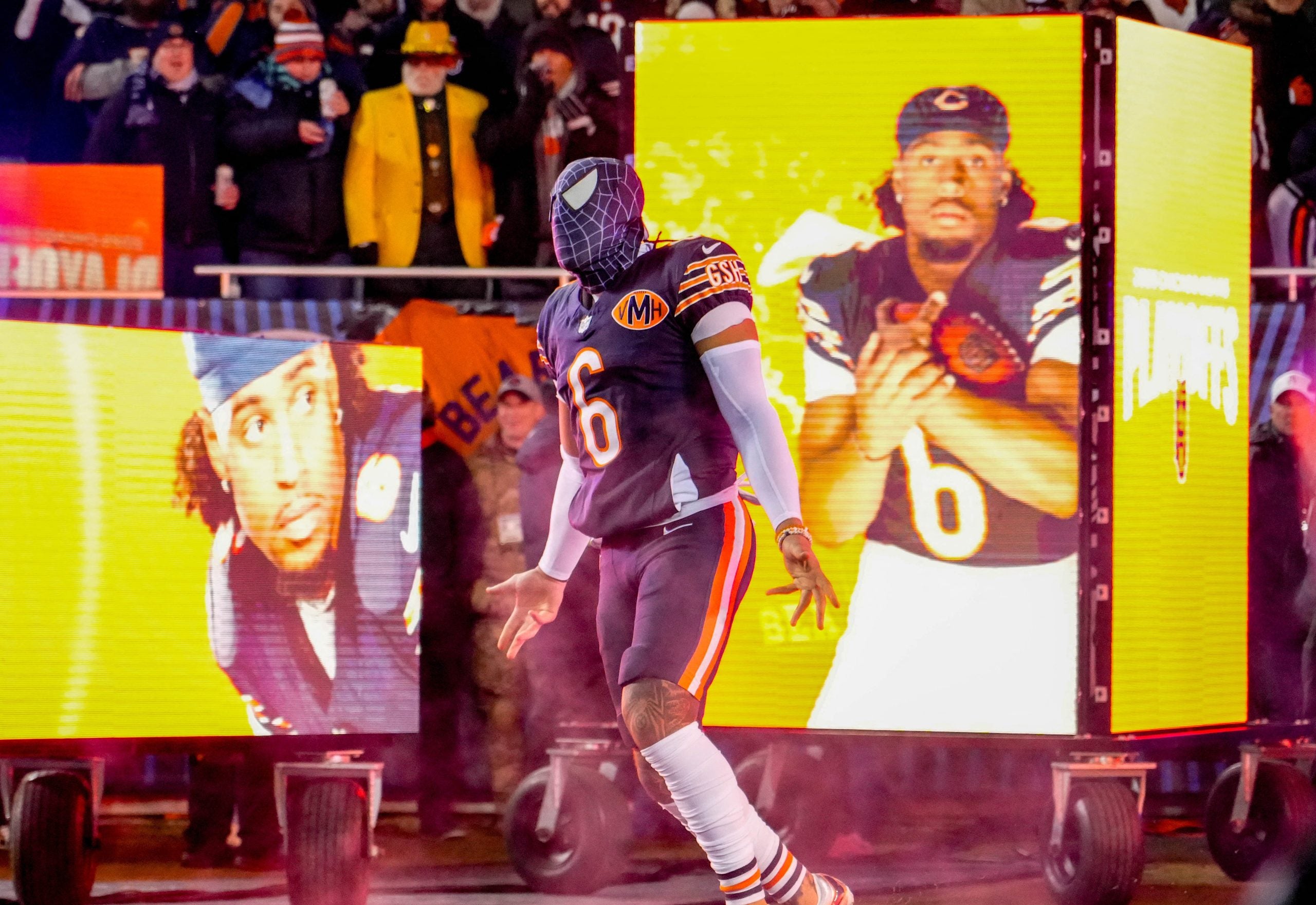 Jan 10, 2026; Chicago, IL, USA; Chicago Bears cornerback Kyler Gordon (6) takes the field prior to an NFC Wild Card Round game against the Green Bay Packers at Soldier Field.