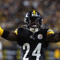 Jan 12, 2026; Pittsburgh, PA, USA; Pittsburgh Steelers cornerback Joey Porter Jr. (24) reacts after a play during the second half of an AFC Wild Card Round game against the Houston Texans at Acrisure Stadium.