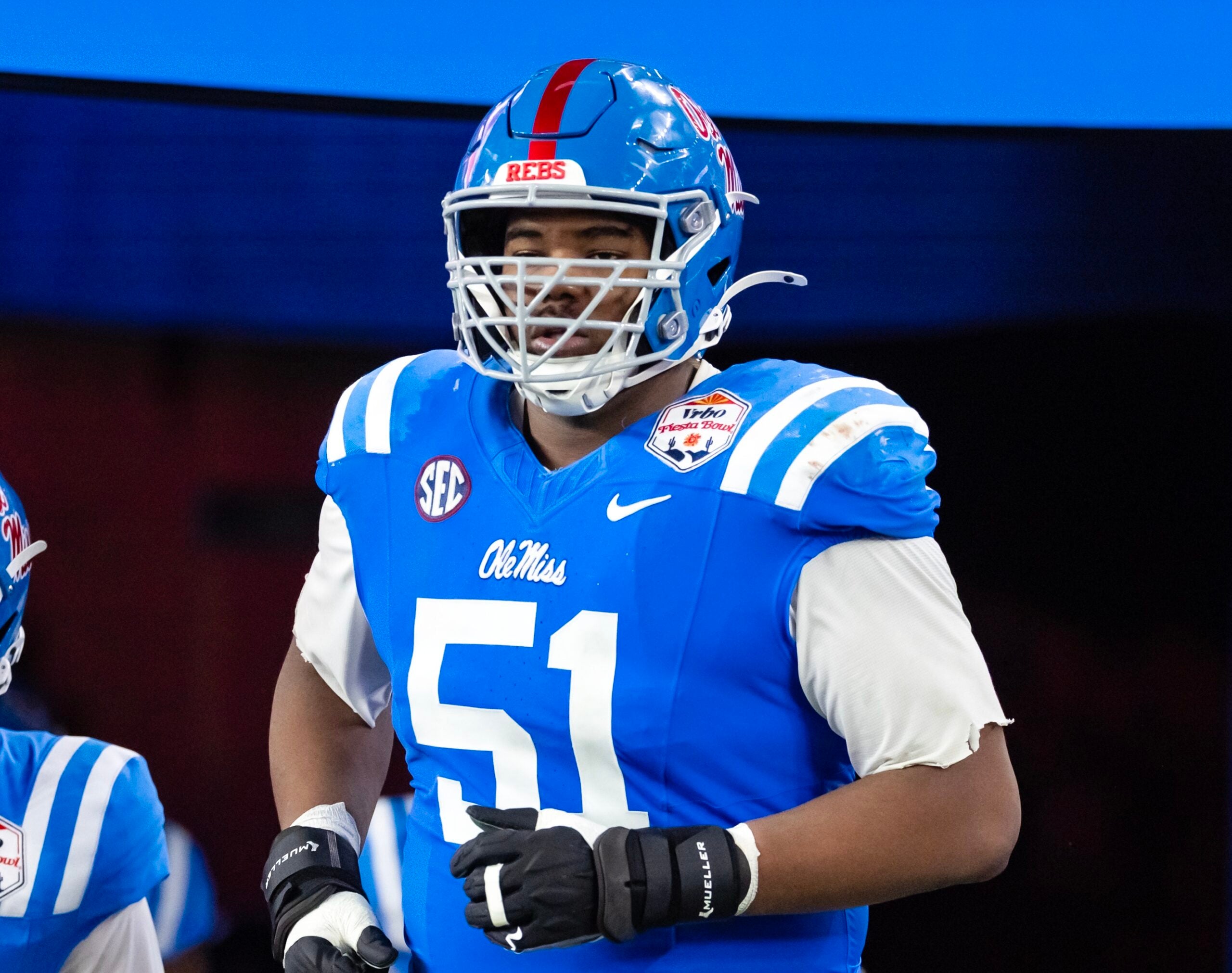 Jan 8, 2026; Glendale, AZ, USA; Mississippi Rebels defensive tackle Zxavian Harris (51) against the Miami Hurricanes during the 2026 Fiesta Bowl and semifinal game of the College Football Playoff at State Farm Stadium.