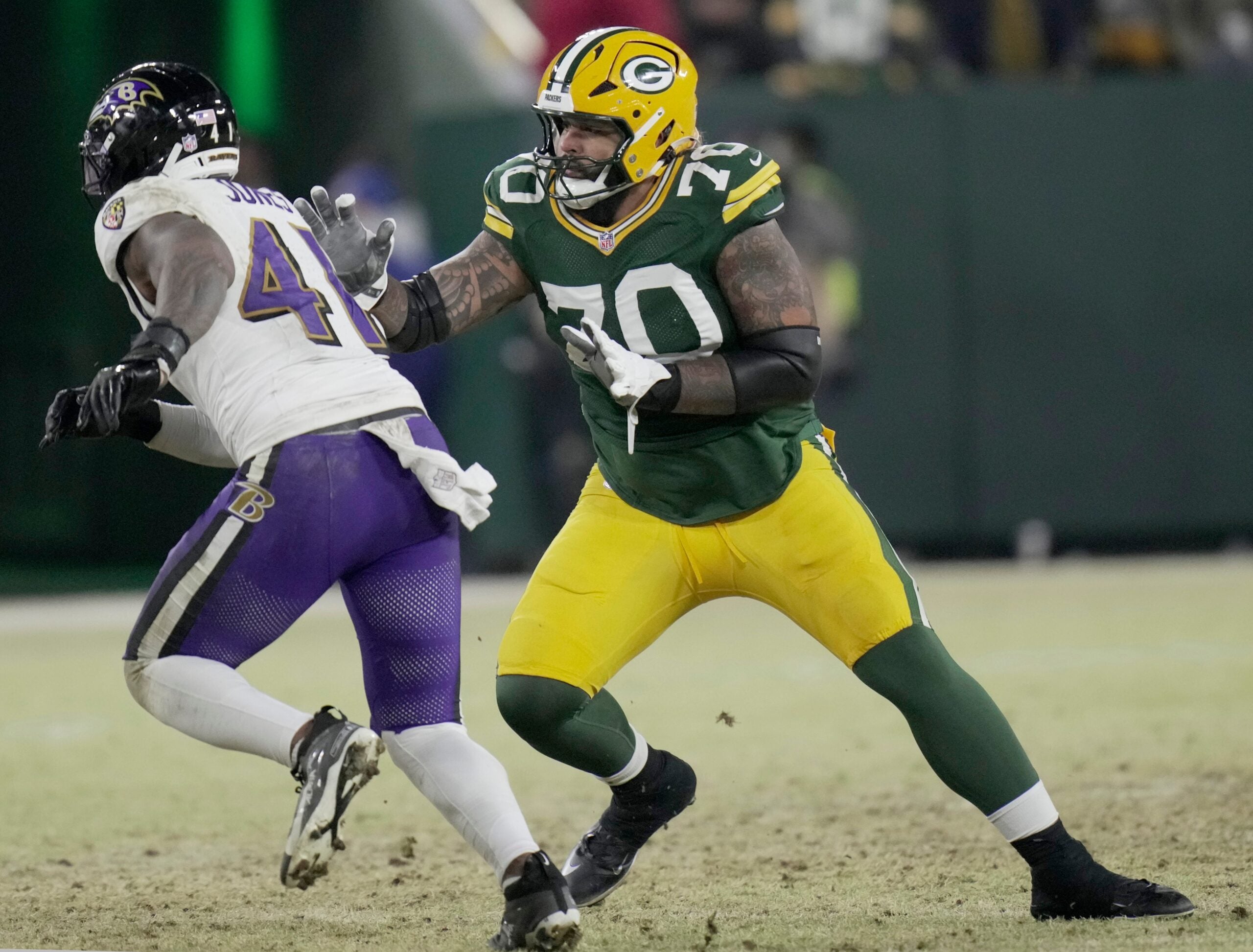 Green Bay Packers offensive tackle Darian Kinnard (70) is shown during the fourth quarter of their game Saturday, December 27, 2025 at Lambeau Field in Green Bay, Wisconsin. The Baltimore Ravens beat the Green Bay Packers 41-24.