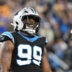 Jan 10, 2026; Charlotte, NC, USA; Carolina Panthers defensive tackle Tershawn Wharton (99) reacts in the third quarter in an NFC Wild Card Round game at Bank of America Stadium.