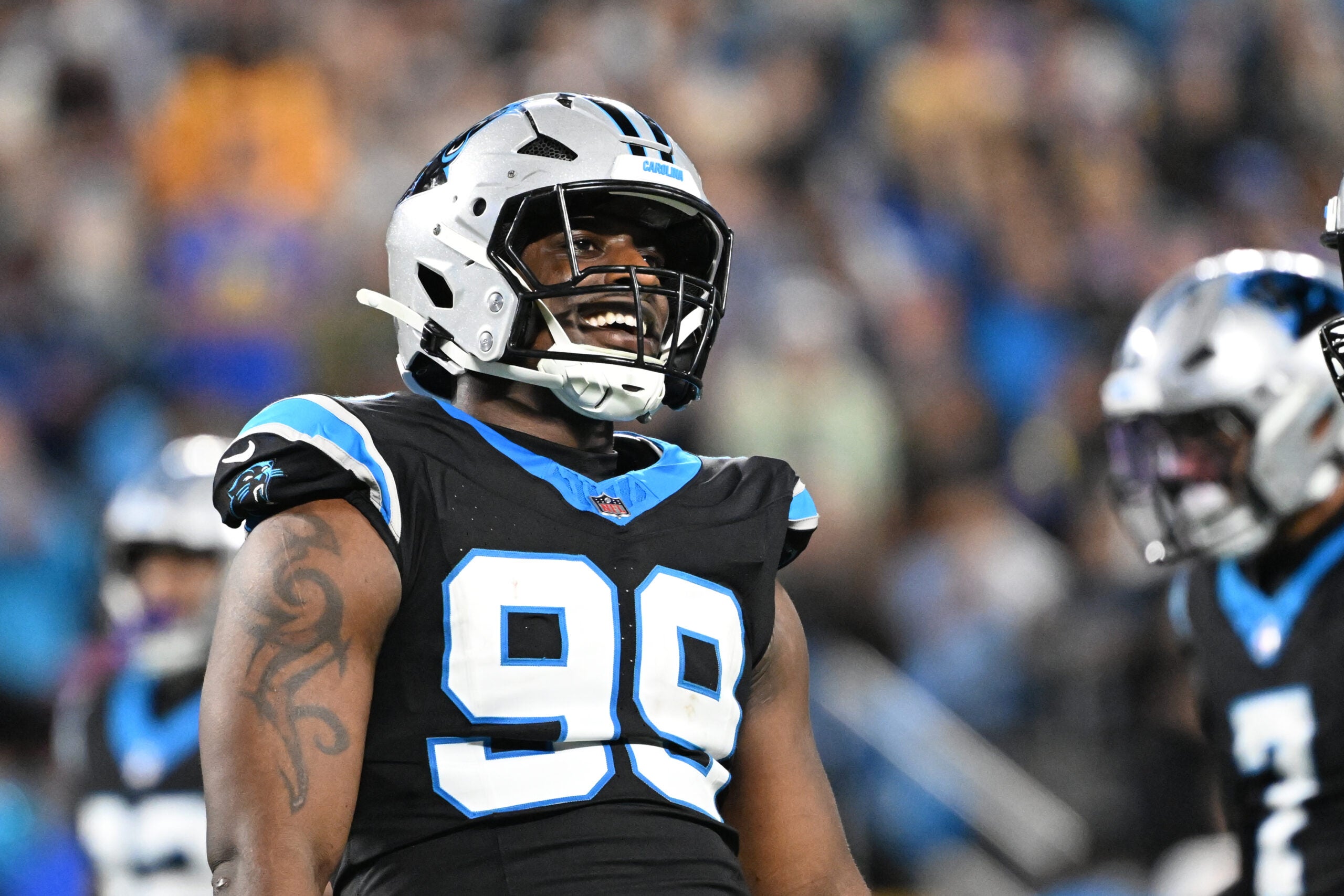 Jan 10, 2026; Charlotte, NC, USA; Carolina Panthers defensive tackle Tershawn Wharton (99) reacts in the third quarter in an NFC Wild Card Round game at Bank of America Stadium.