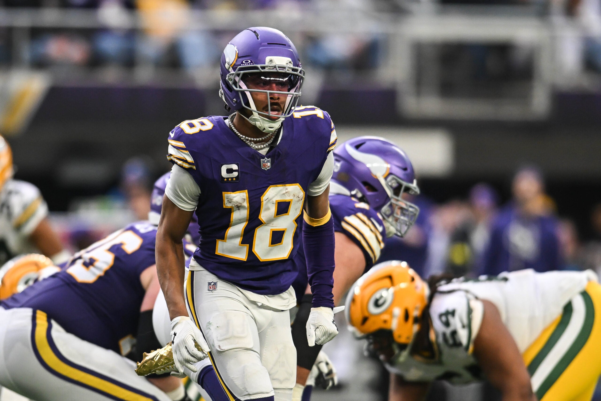 Jan 4, 2026; Minneapolis, Minnesota, USA; Minnesota Vikings wide receiver Justin Jefferson (18) in action during the game against the Green Bay Packers at U.S. Bank Stadium.