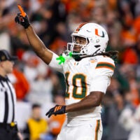 Jan 19, 2026; Miami Gardens, FL, USA; Miami Hurricanes wide receiver Malachi Toney (10) celebrates after scoring a touchdown against the Indiana Hoosiers during the College Football Playoff National Championship game at Hard Rock Stadium.