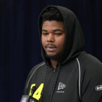 Feb 25, 2026; Indianapolis, IN, USA; Mississippi defensive lineman Zxavian Harris (DL14) speaks during the NFL Scouting Combine at the Indiana Convention Center.