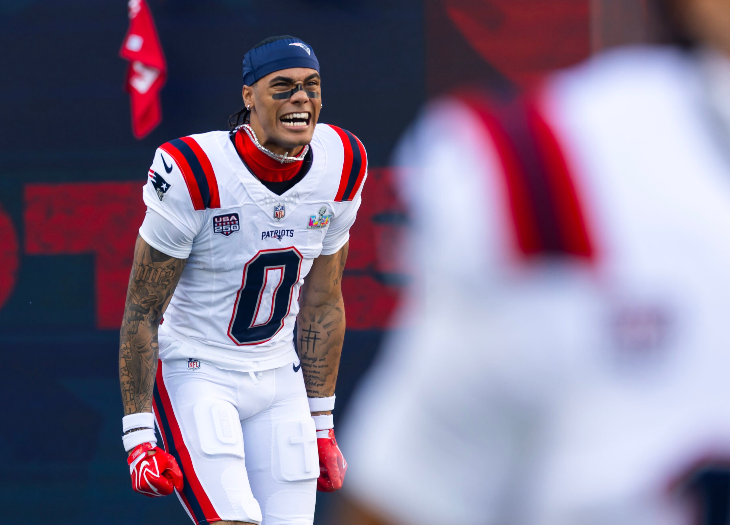 Feb 8, 2026; Santa Clara, CA, USA; New England Patriots cornerback Christian Gonzalez (0) against the Seattle Seahawks during Super Bowl LX at Levi's Stadium.