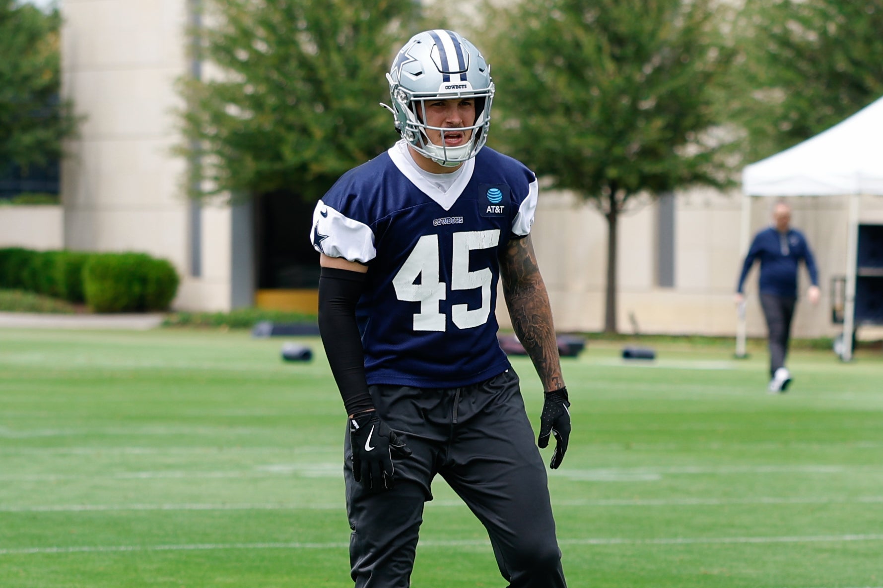 May 1, 2026; Frisco, TX, USA; Dallas Cowboys linebacker Justin Barron (45) on the field during practice at the Ford Center at the Star Training Facility in Frisco, Texas.