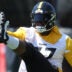 May 28, 2026; Pittsburgh, PA, USA; Pittsburgh Steelers offensive lineman Broderick Jones (77) participates in OTA drills at the UPMC Rooney Sports Complex.