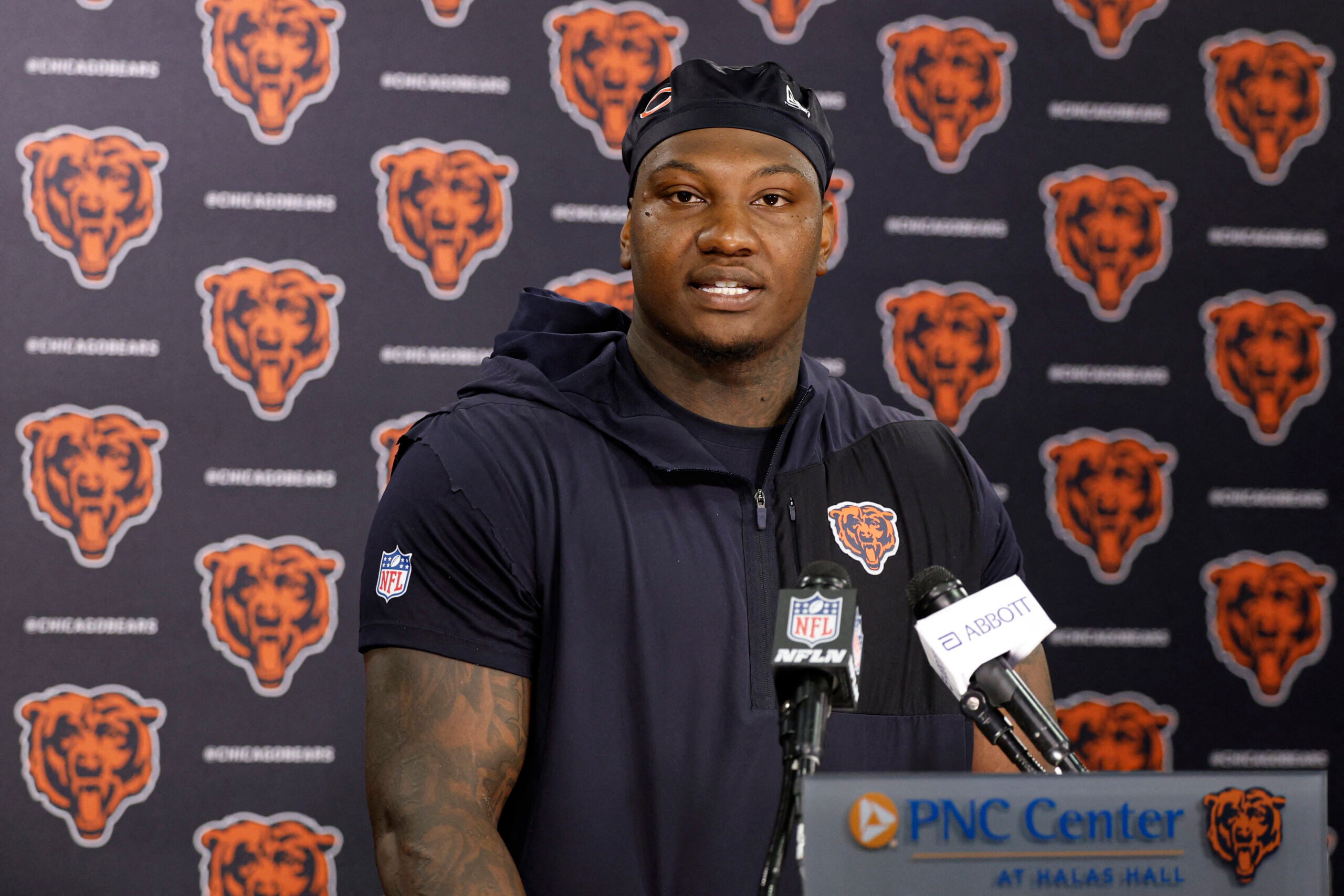 Jun 9, 2026; Lake Forest, IL, USA; Chicago Bears defensive lineman Gervon Dexter Sr. speaks during Minicamp at Halas Hall.