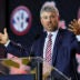Jul 22, 2026; Tampa, FL, USA; Ole Miss Rebels head coach Pete Golding speaks to the press during SEC Football Kickoff Media Day at the Tampa Marriott.