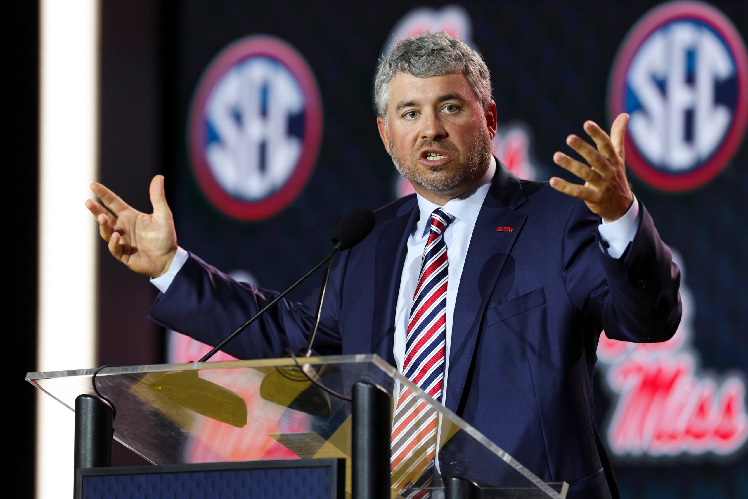 Jul 22, 2026; Tampa, FL, USA; Ole Miss Rebels head coach Pete Golding speaks to the press during SEC Football Kickoff Media Day at the Tampa Marriott.