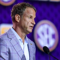 Jul 23, 2026; Tampa, FL, USA; LSU Tigers head coach Lane Kiffin speaks to the press during SEC Football Kickoff Media Day at the Tampa Marriott.