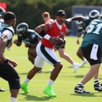 Jul 29, 2026; Philadelphia, PA, USA; Philadelphia Eagles quarterback Jalen Hurts (1) runs drills at Jefferson Health Training Complex.