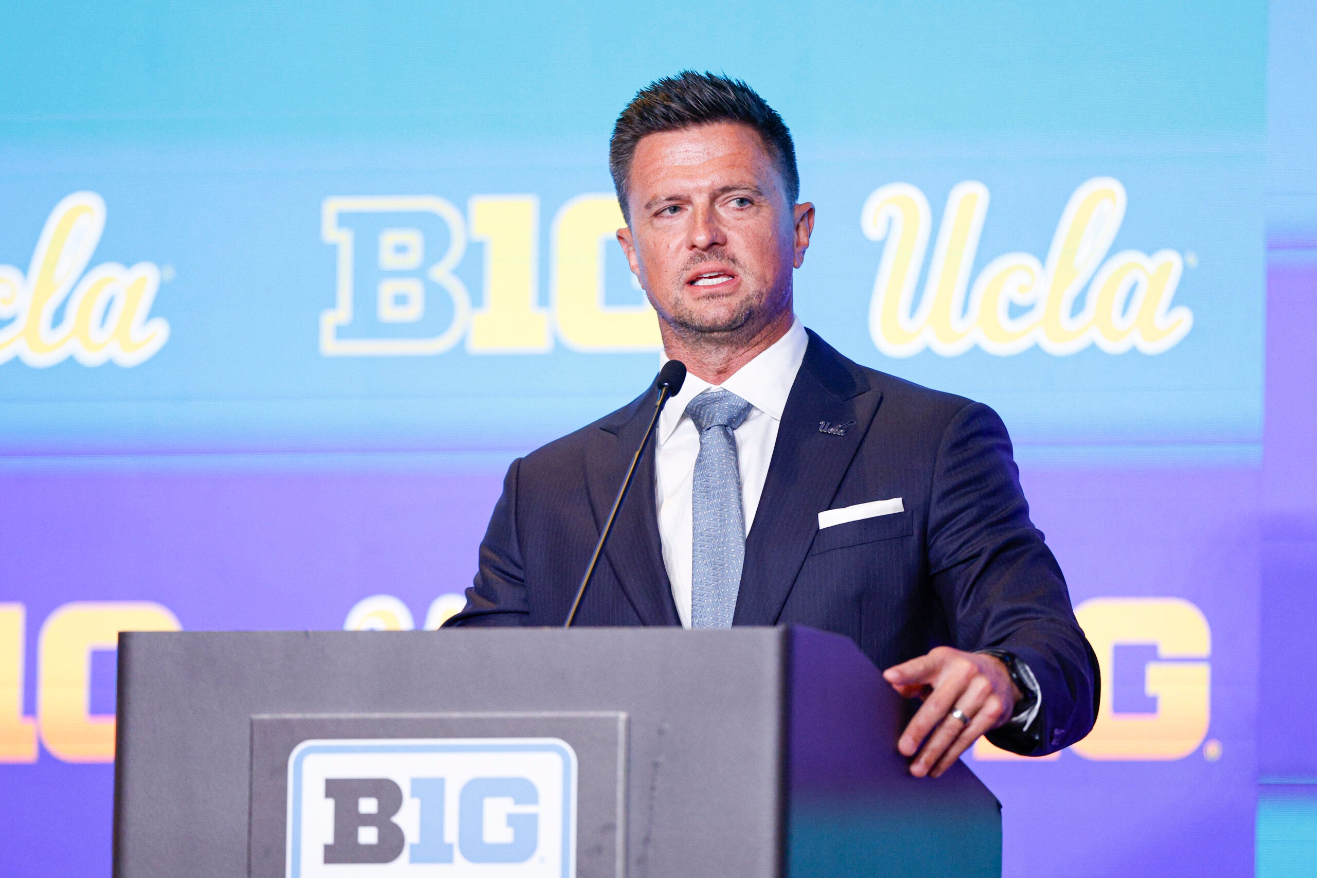 Jul 29, 2026; Chicago, IL, USA; UCLA Football head coach Bob Chesney speaks during Big Ten Media Days at Hilton Chicago.