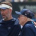 Jul 29, 2026; Oxnard, CA, USA; Dallas Cowboys coach Brian Schottenheimer (left) and owner Jerry Jones at training camp at River Ridge Playing Fields.
