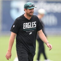 Jul 30, 2026; Philadelphia, PA, USA; Philadelphia Eagles offensive coordinator Sean Mannion during training camp at Jefferson Health Training Complex.