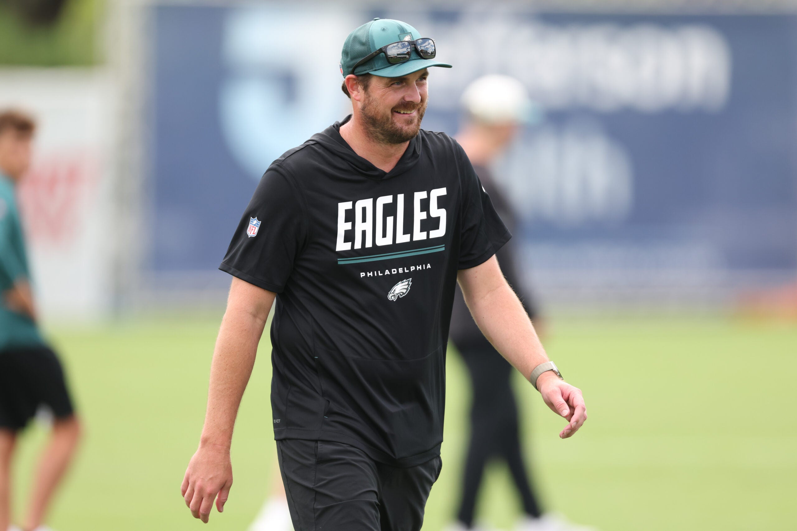 Jul 30, 2026; Philadelphia, PA, USA; Philadelphia Eagles offensive coordinator Sean Mannion during training camp at Jefferson Health Training Complex.
