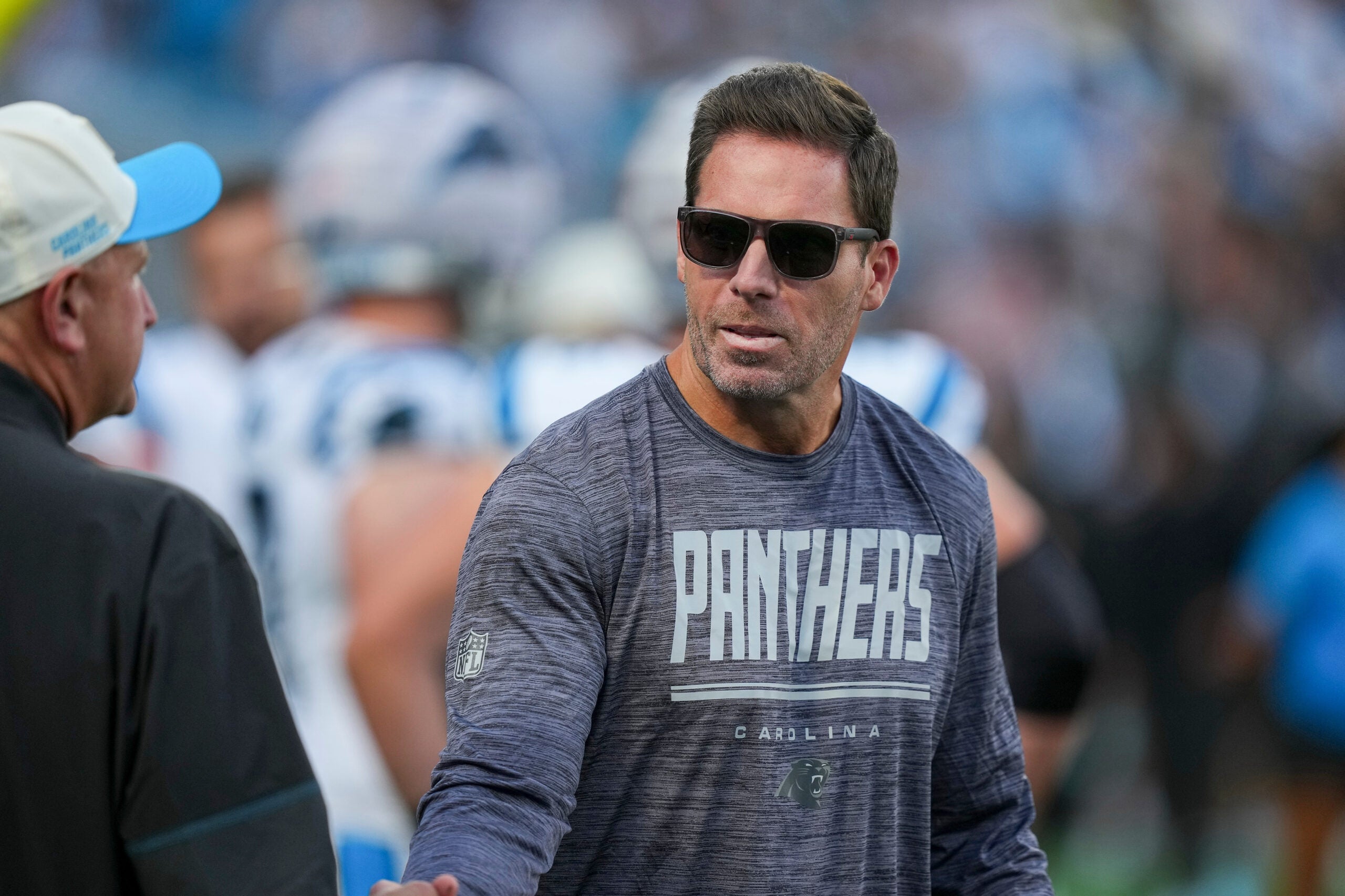 Jul 31, 2026; Charlotte, NC, USA; Carolina Panthers president of football operations and general manager Dan Morgan looks on during Fanfest at Bank of America Stadium.