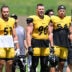 Aug 03, 2026; Latrobe, PA, USA; Pittsburgh Steelers linebackers Nick Herbig (51), T.J. Watt (90) and Alex Highsmith (56) participate in a practice session at Training camp at Saint Vincent College.