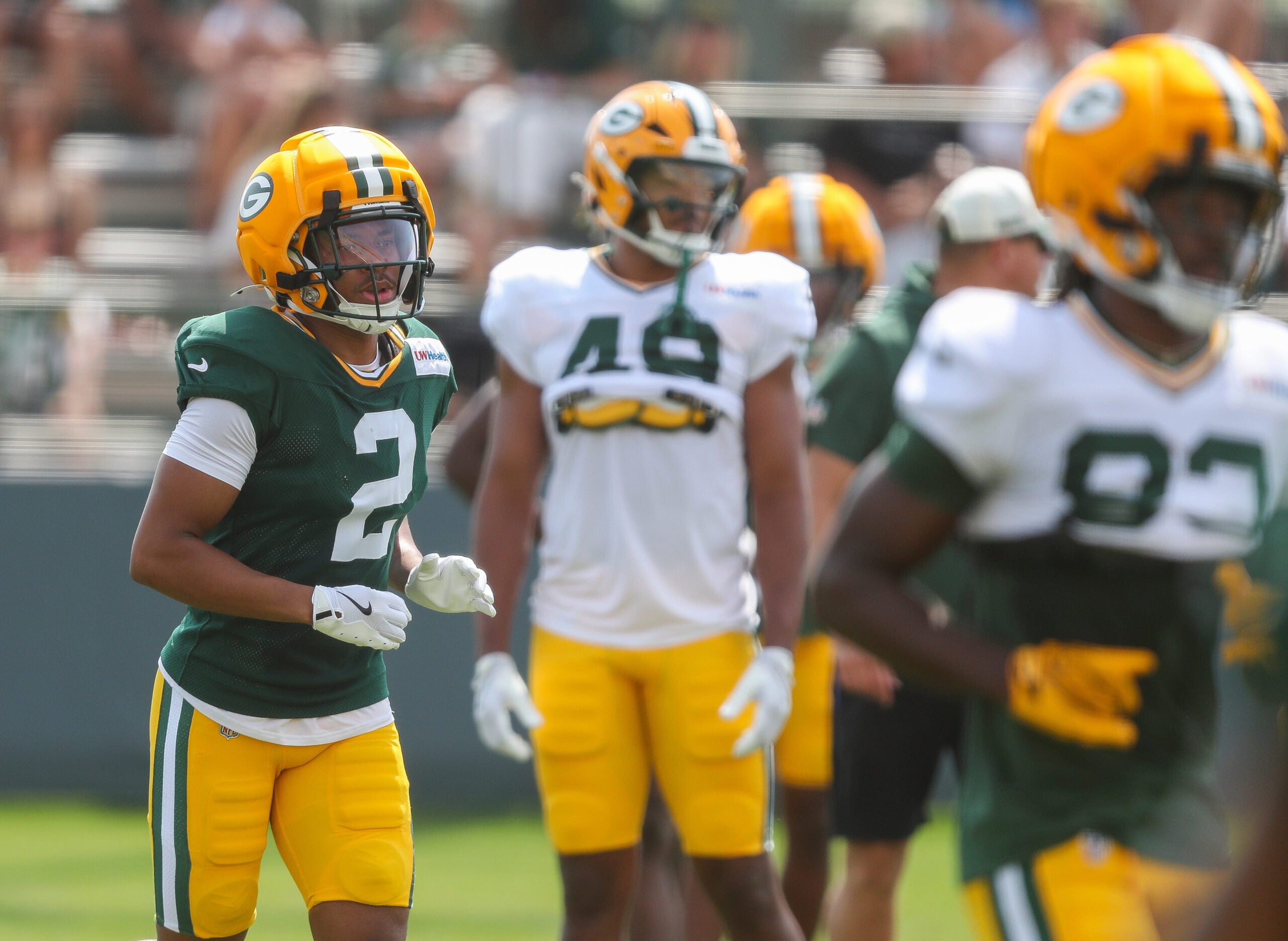 Green Bay Packers cornerback Brandon Cisse (2) returns to the huddle after finishing a rep during practice on Tuesday, Aug. 4, 2026, at Ray Nitschke Field in Ashwaubenon, Wisconsin.