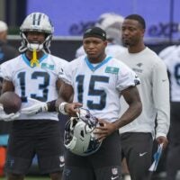 Aug 4, 2026; Charlotte, NC, USA; Carolina Panthers wide receiver Jimmy Horn Jr. (15) and receivers during training camp at Bank of America Stadium.