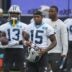 Aug 4, 2026; Charlotte, NC, USA; Carolina Panthers wide receiver Jimmy Horn Jr. (15) and receivers during training camp at Bank of America Stadium.