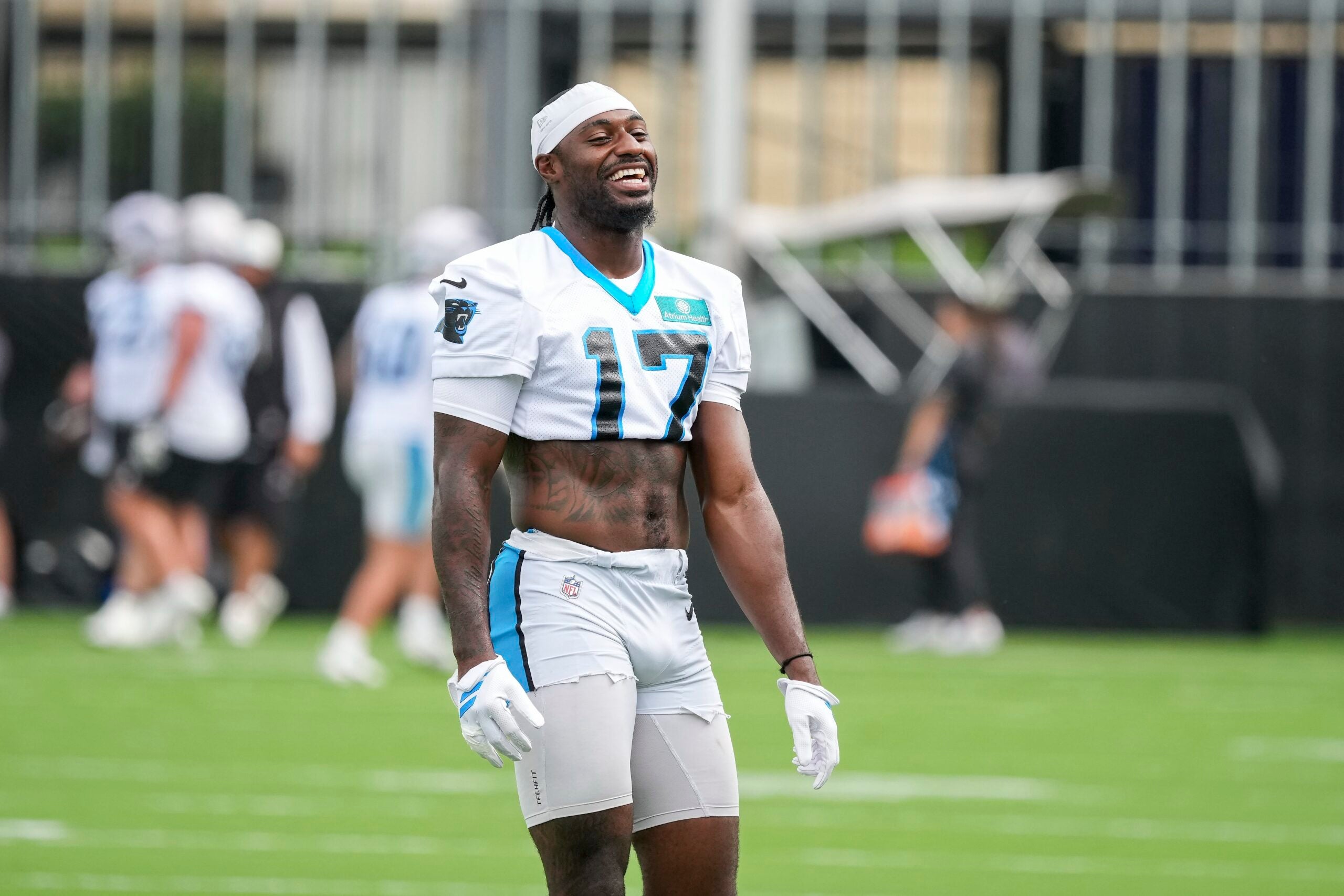 Aug 4, 2026; Charlotte, NC, USA; Carolina Panthers wide receiver Xavier Legette (17) has a comical moment during training camp at Bank of America Stadium.