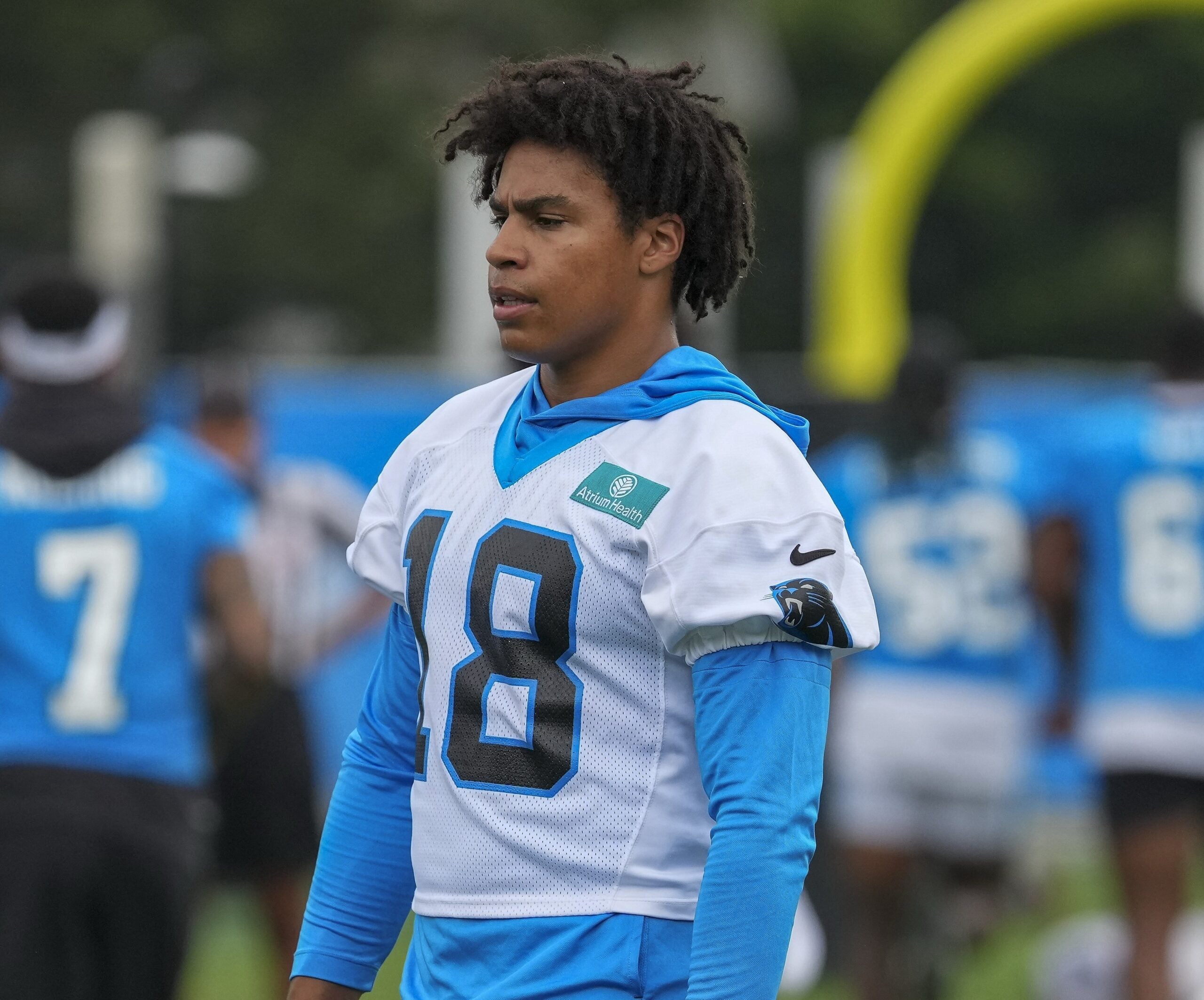 Aug 4, 2026; Charlotte, NC, USA; Carolina Panthers wide receiver Jalen Coker (18) during training camp at Bank of America Stadium.