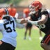 Aug 4, 2026; Berea, OH, USA; Cleveland Browns offensive tackle Austin Barber (58) blocks defensive end Isaiah McGuire (57) during training camp at CrossCountry Mortgage Campus.