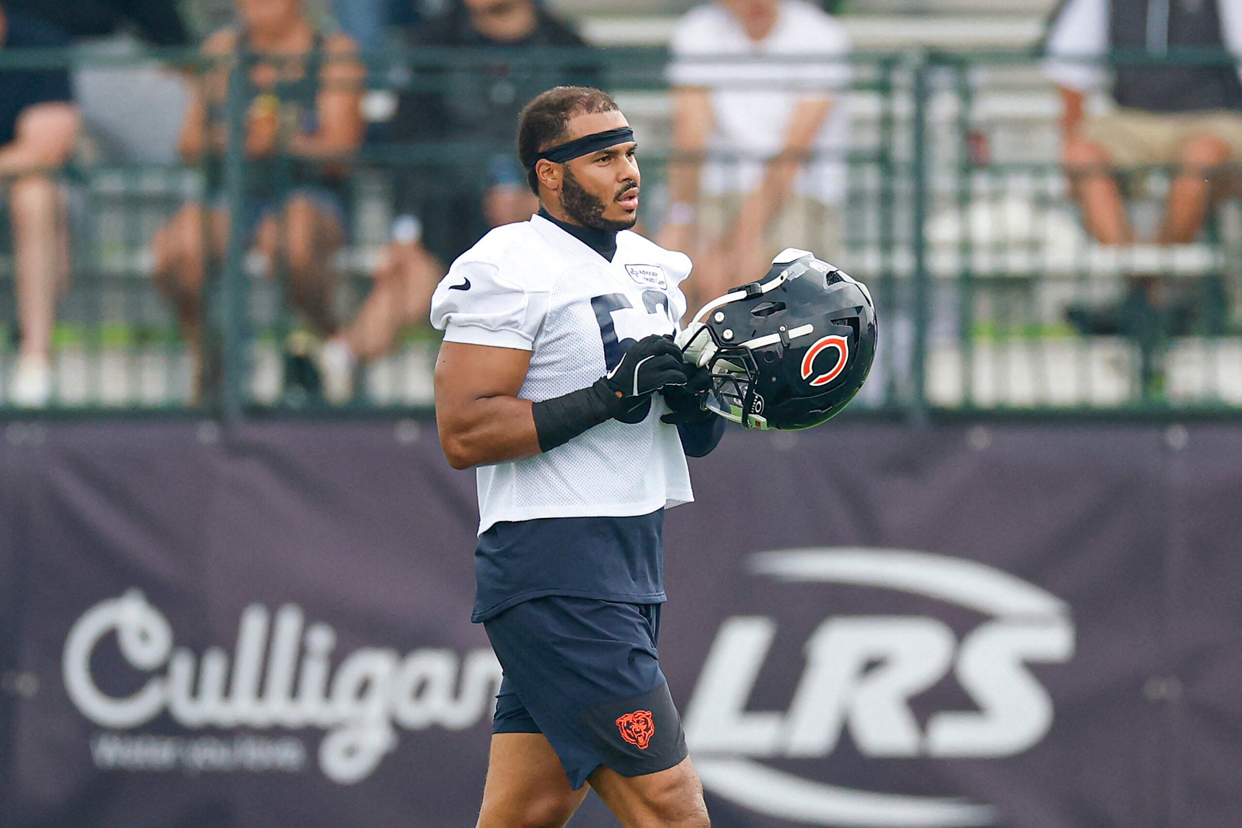 Aug 5, 2026; Lake Forest, IL, USA; Chicago Bears linebacker T.J. Edwards (53) walks on the field during training camp at Halas Hall.