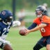 Aug 5, 2026; Lake Forest, IL, USA; Chicago Bears quarterback Caleb Williams (18) passes the ball to running back Kyle Monangai (25) during training camp at Halas Hall.