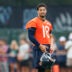 Aug 5, 2026; Lake Forest, IL, USA; Chicago Bears quarterback Caleb Williams (18) stands on the field during training camp at Halas Hall.