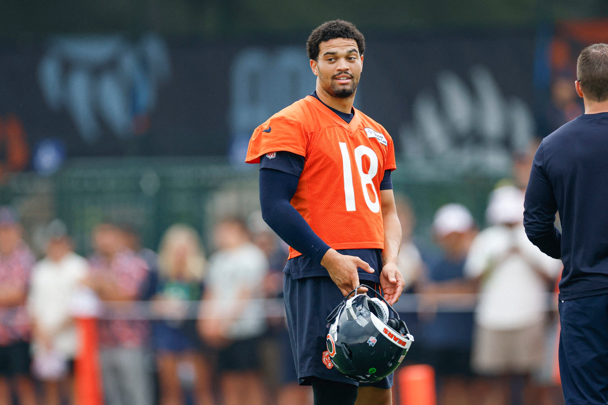 Aug 5, 2026; Lake Forest, IL, USA; Chicago Bears quarterback Caleb Williams (18) stands on the field during training camp at Halas Hall.