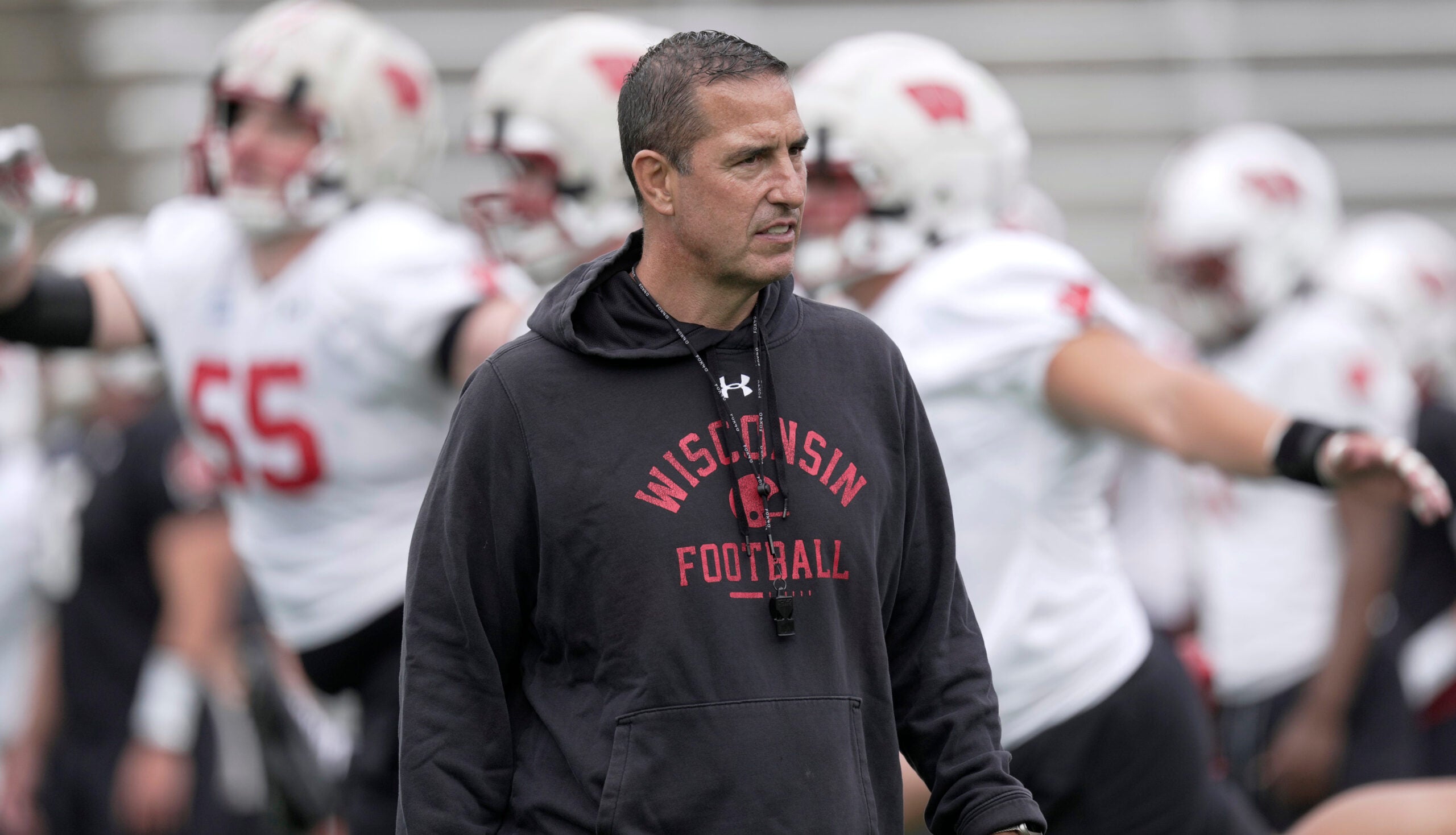 Wisconsin head coach Luke Fickell is shown during football practice Thursday, August 6, 2026 at Camp Randall Stadium in Madison, Wisconsin.